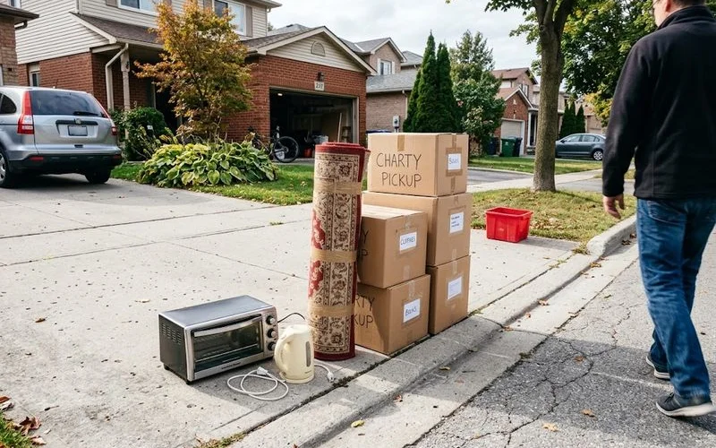 Boxes of donated household items and furniture staged near a front door for a charity pickup