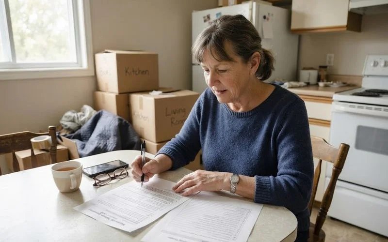 A landlord reviewing paperwork and a checklist before addressing belongings left in a vacated rental unit