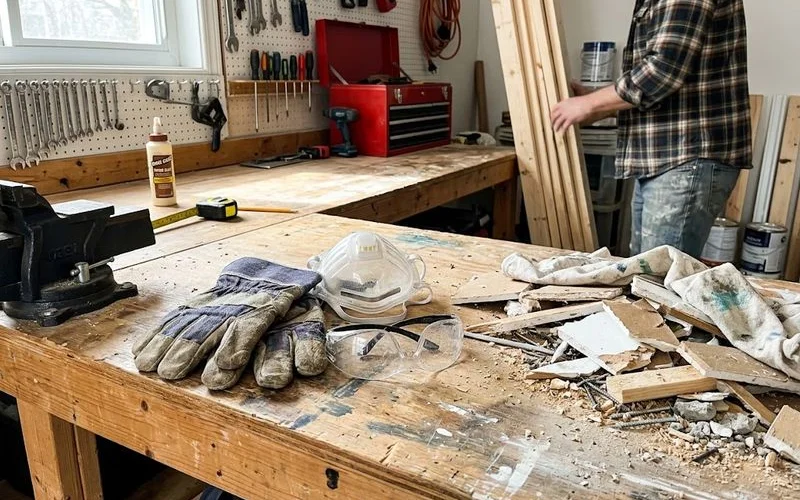 A homeowner wearing gloves, safety glasses, and a dust mask while clearing renovation debris