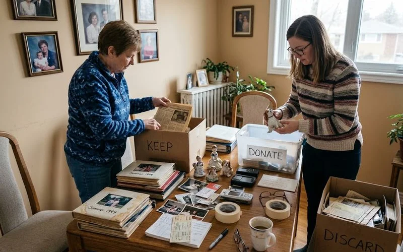 A family member carefully sorting through boxes of keepsakes and documents in a home during an estate cleanout